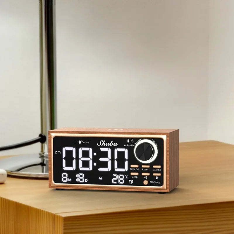 Wooden Digital Desk Clock with Wireless Charging & FM Radio Digital Desk Clock Babs