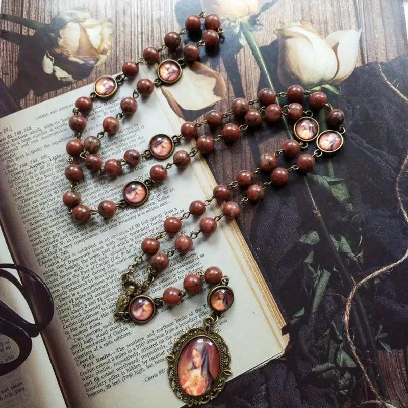 Seven Sorrows Rosary Necklace – Wine Red Stone Prayer Chaplet Rosary Necklace Babs