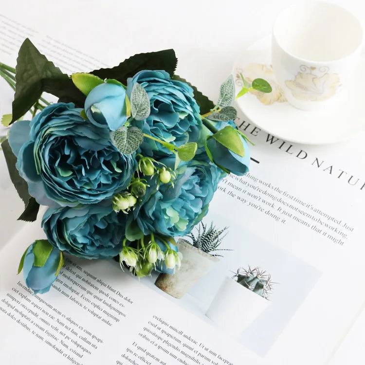 Silk Peony Rose Artificial Flower Bouquet – Wedding & Decor Artificial Flower Bouquet Babs blue 1 pc