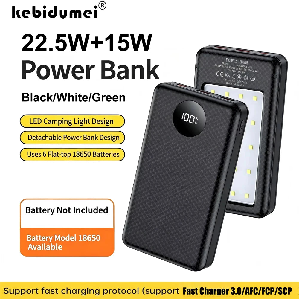 KEBIDUMEI 18650 Power Bank Case 22.5W Fast Charging + Camp Light Power Bank Case Babs