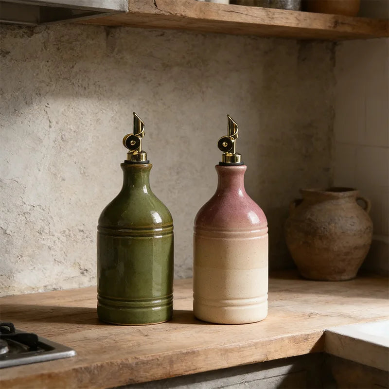 Retro Ceramic Olive Oil Bottle with Stainless Steel Spout Ceramic Oil Dispenser Babs
