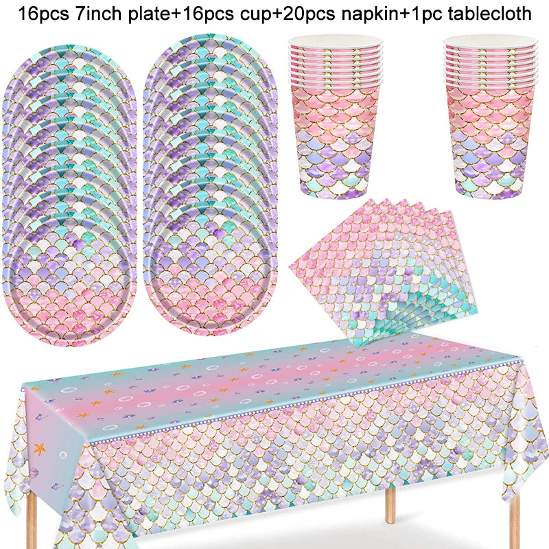 Mermaid Party Tableware Set – Plates, Cups, Napkins & Tablecloth Party Tableware Set Babs 53pcs set2