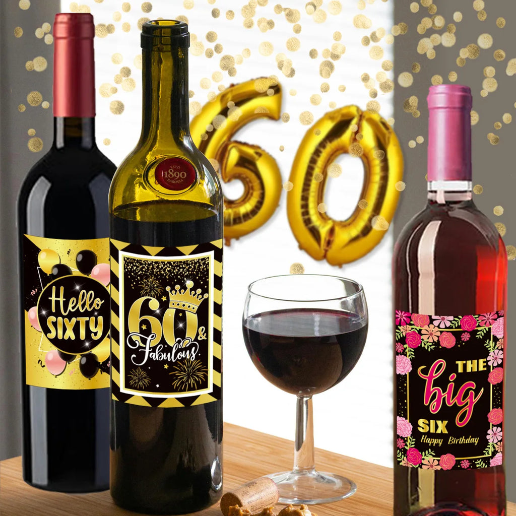 6pcs Black Gold 60th Birthday Water Bottle Labels & Stickers Birthday Party Stickers Babs