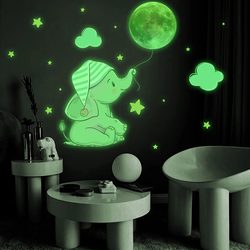 Baby Elephant Moon Glow in the Dark Wall Stickers for Kids Room Glow Wall Stickers Babs