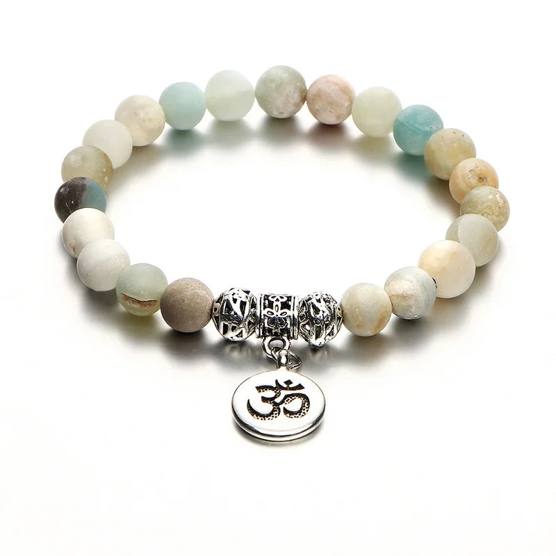 Matte Amazonite Lotus OM Charm Yoga Bracelet | Stone Beads Beaded Yoga Bracelet Babs