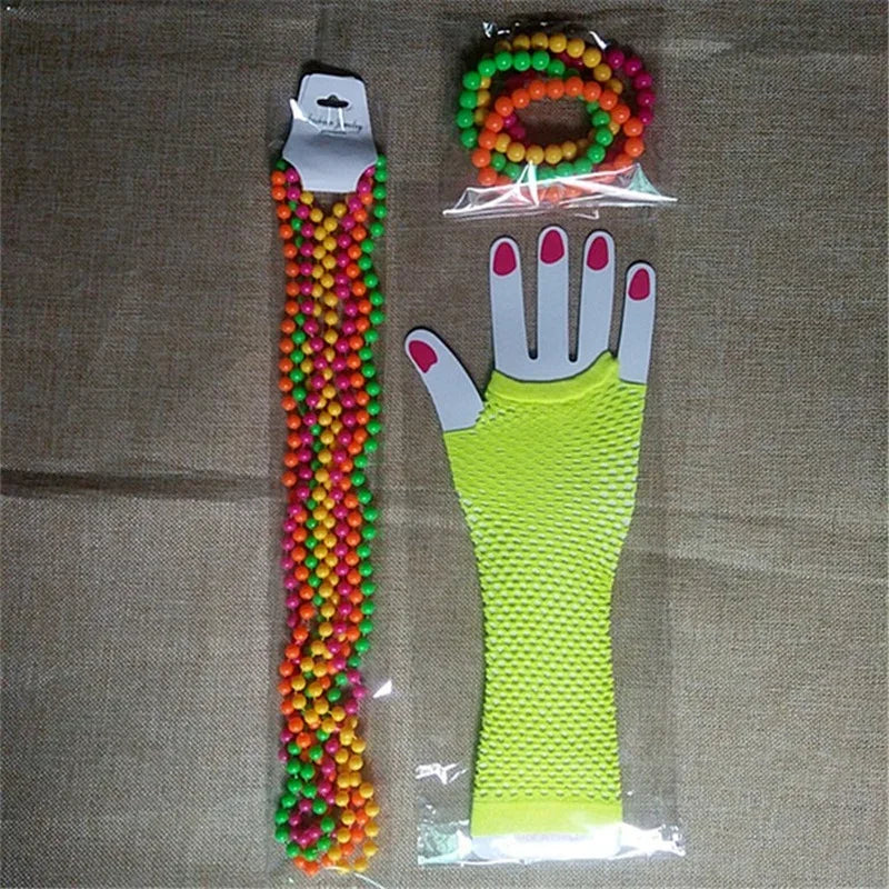 Neon Bead Necklace Bracelet & Fishnet Gloves – 80s Party Set Costume Accessory Set Babs