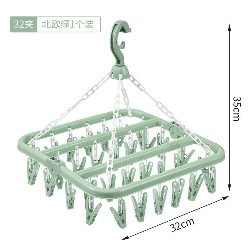 32-Clip Windproof Folding Laundry Drying Hanger | Space Saver Laundry Drying Hanger Babs Green