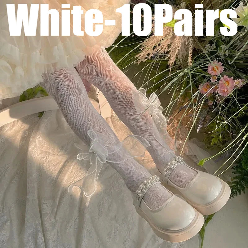 Girls Bow Lace Pantyhose – Cute Kids Stockings for Dance & Parties Girls Lace Pantyhose Babs White-10Pairs L 120-150cm