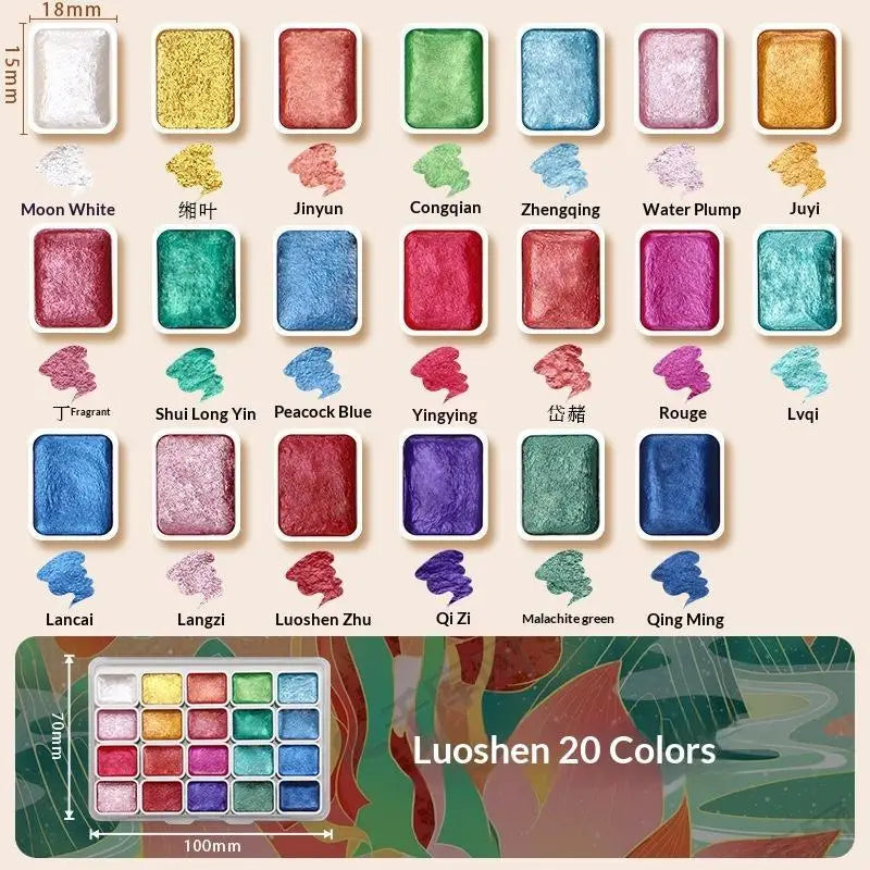 20-Color Metallic Pearlescent Solid Watercolor Paint Set Watercolor Paint Set Babs A1