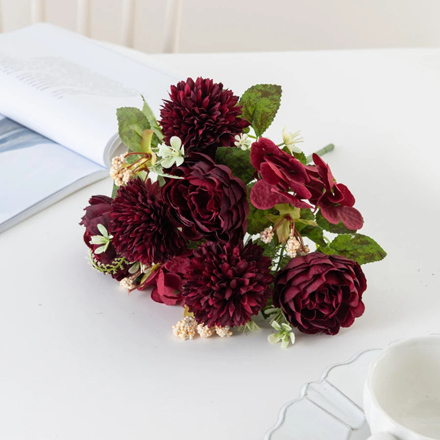 Silk Peony Hydrangea Artificial Flower Bouquet – Wedding & Home Décor Artificial Flower Bouquet Babs Red 1 pc