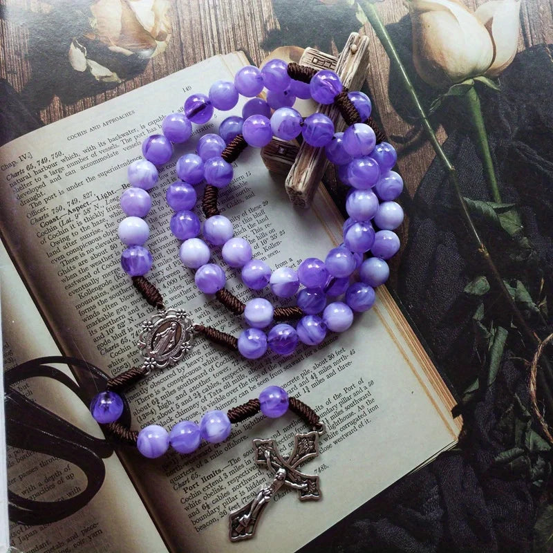 Catholic Hand Braided Rosary Beads Necklace – Cross Pendant Gift Rosary Beads Necklace Babs