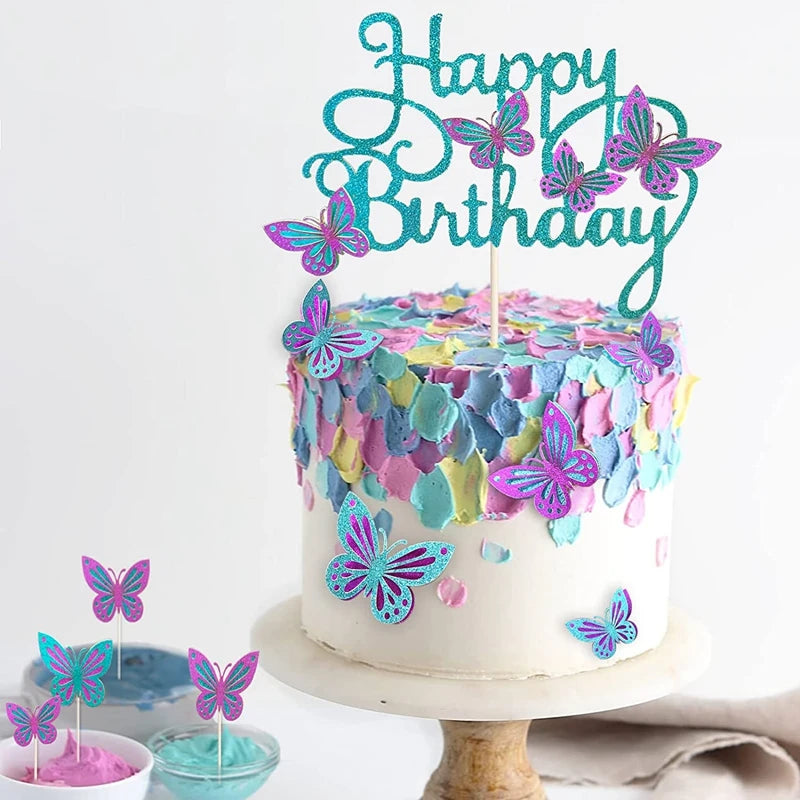 13Pcs Pink Butterfly Birthday Cake Topper Set for Girls Birthday Cake Topper Babs