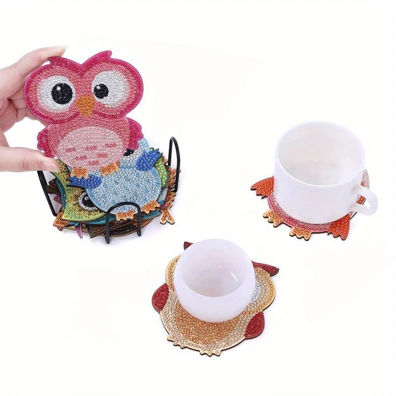 DIY Diamond Art Owl Coasters Set 10pcs with Holder | Wood Diamond Painting Kit Babs