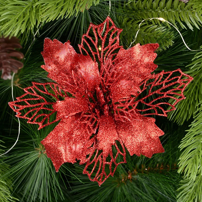 5pcs Glitter Artificial Christmas Flowers – Tree & Home Decor Christmas Floral Picks Babs red 11cm