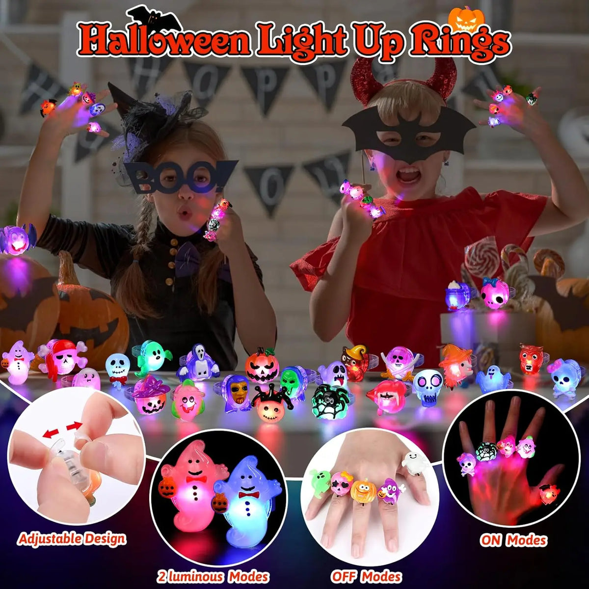 Halloween LED Glowing Pumpkin Ghost Rings – Kids Party Favors LED Party Rings Babs