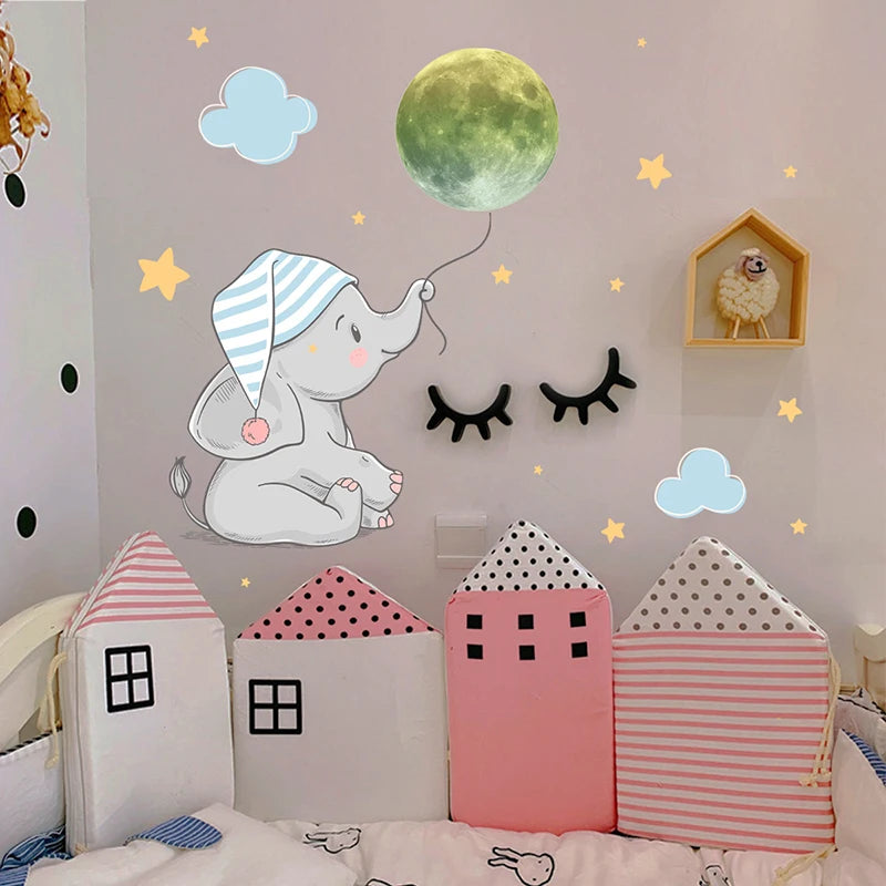Baby Elephant Moon Glow in the Dark Wall Stickers for Kids Room Glow Wall Stickers Babs
