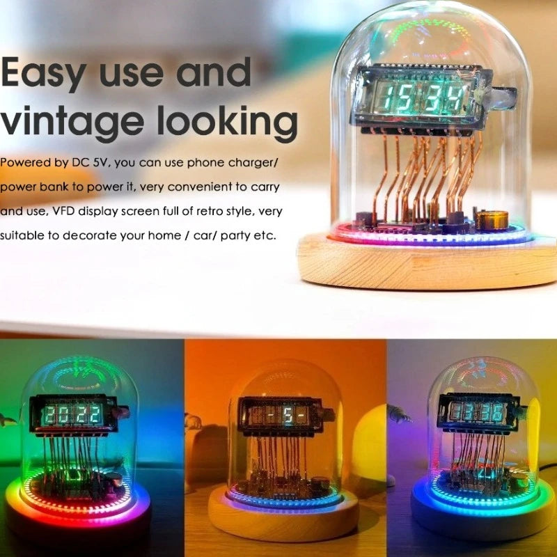 Retro Nixie Tube VFD Desk Clock – WiFi Sync, RGB LED, Wood &amp; Glass Nixie Tube Desk Clock Babs