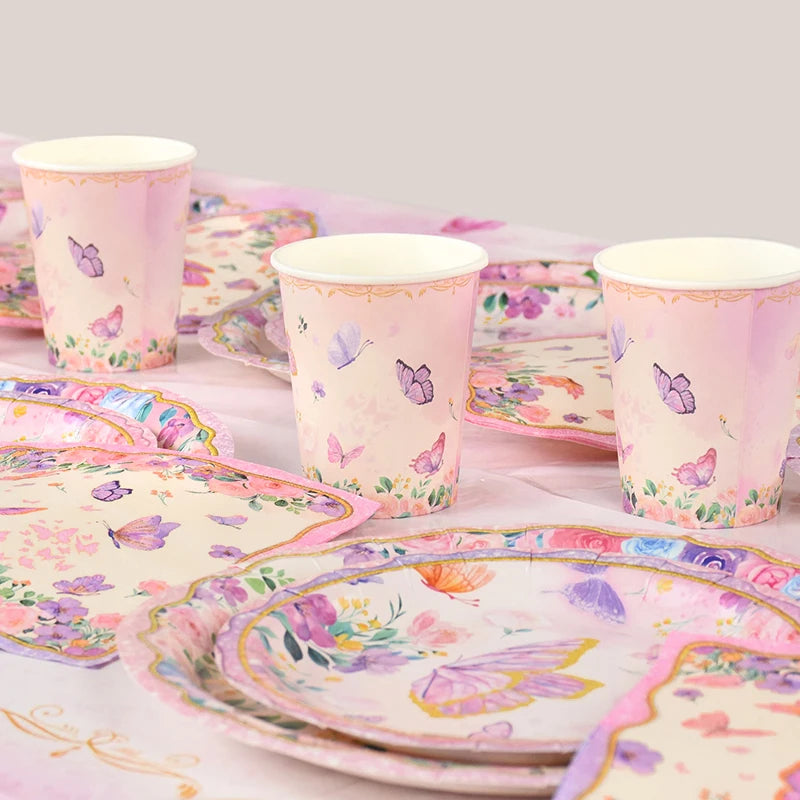 Pink Butterfly Party Tableware Set – Plates, Cups & Tablecloth Disposable Party Tableware Babs