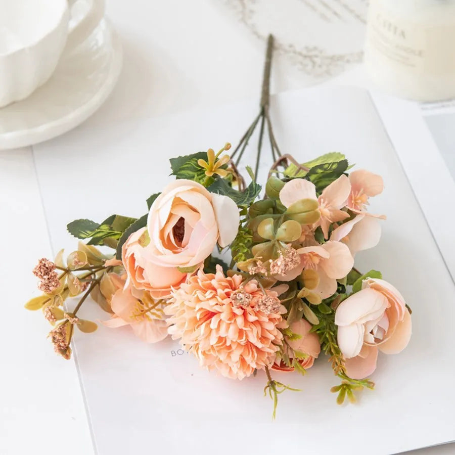 Silk Tea Rose Bud Bouquet – Fake Flowers for Home & Wedding Artificial Flower Bouquet Babs Champagne 1 pc