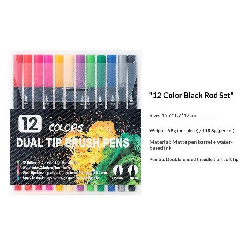 36-Color Soft Tip Brush Pens – Washable Water-Based Markers Watercolor Brush Pens Babs 12colors black