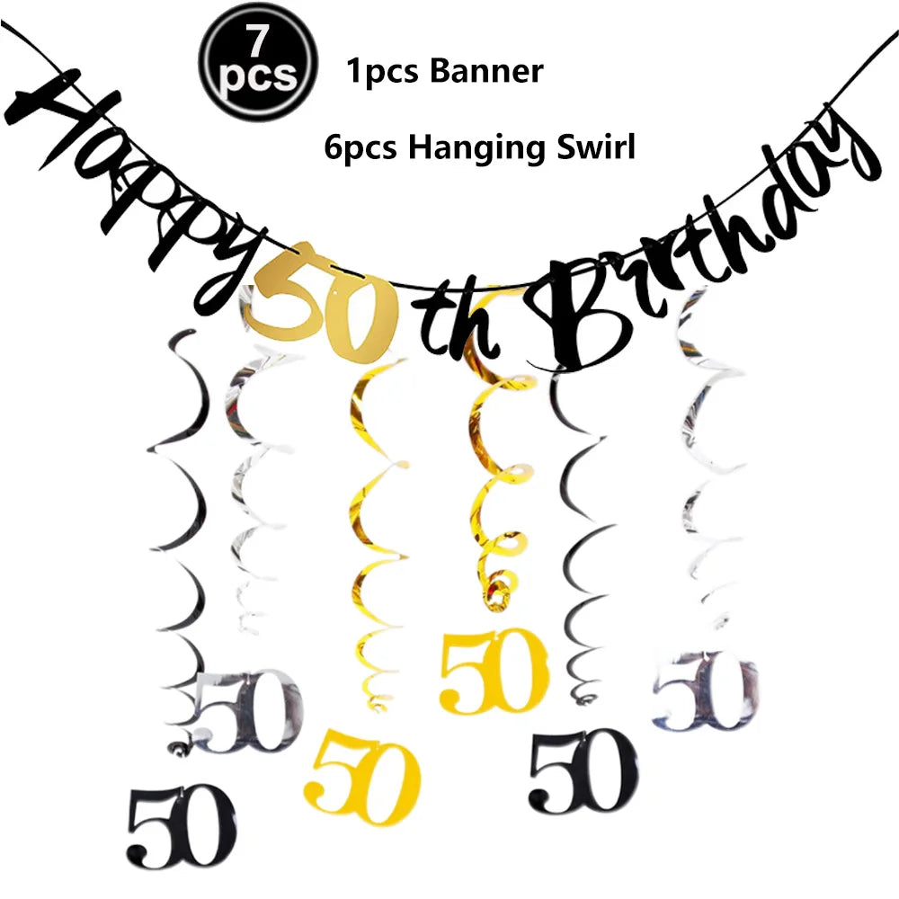 50th Birthday Party Tableware Set – Black & Gold Disposable Party Tableware Babs banner set