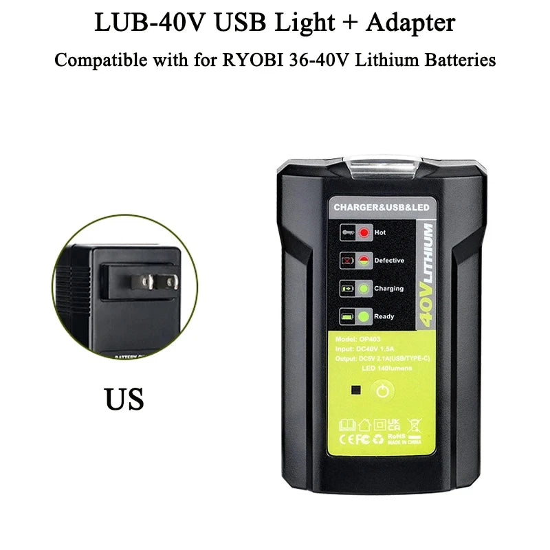 Ryobi 40V Battery Adapter USB Type-C 5V 2.1A LED Work Light Battery Power Adapter Babs US plug