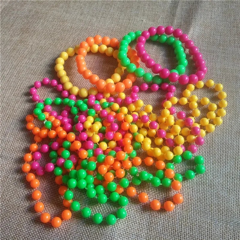 Neon Bead Necklace Bracelet & Fishnet Gloves – 80s Party Set Costume Accessory Set Babs mix colors