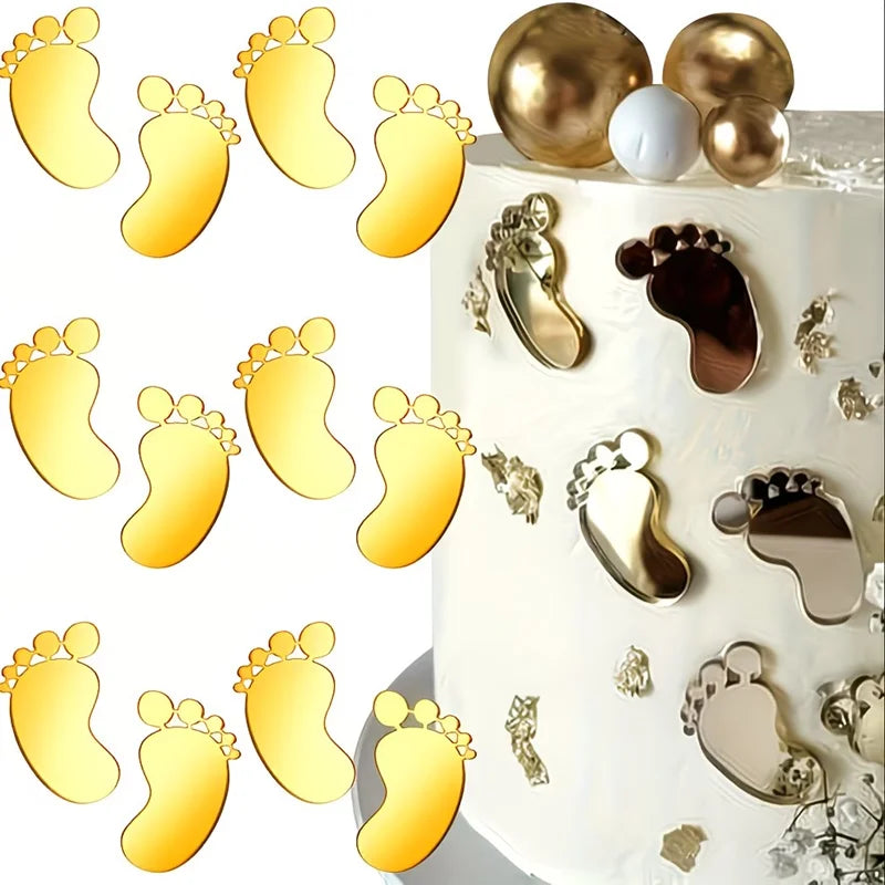 Gold Baby Footprint Cake Toppers – 6 or 12 Pcs Party Decor Cake Topper Babs