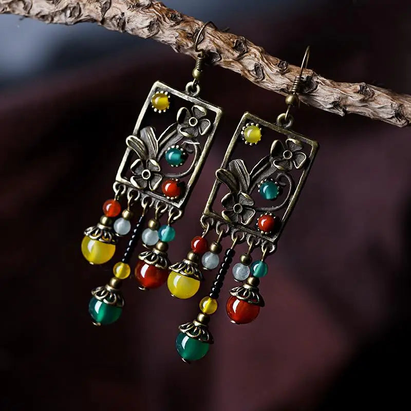 Retro Agate Stone & Copper Flower Long Drop Earrings Drop Earrings Babs 1pair