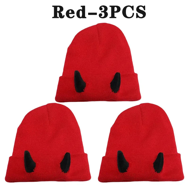 Devil Horn Knit Beanie Hat – Funny Costume Cap for Teens & Adults Novelty Knit Beanie Babs Red-3PCS