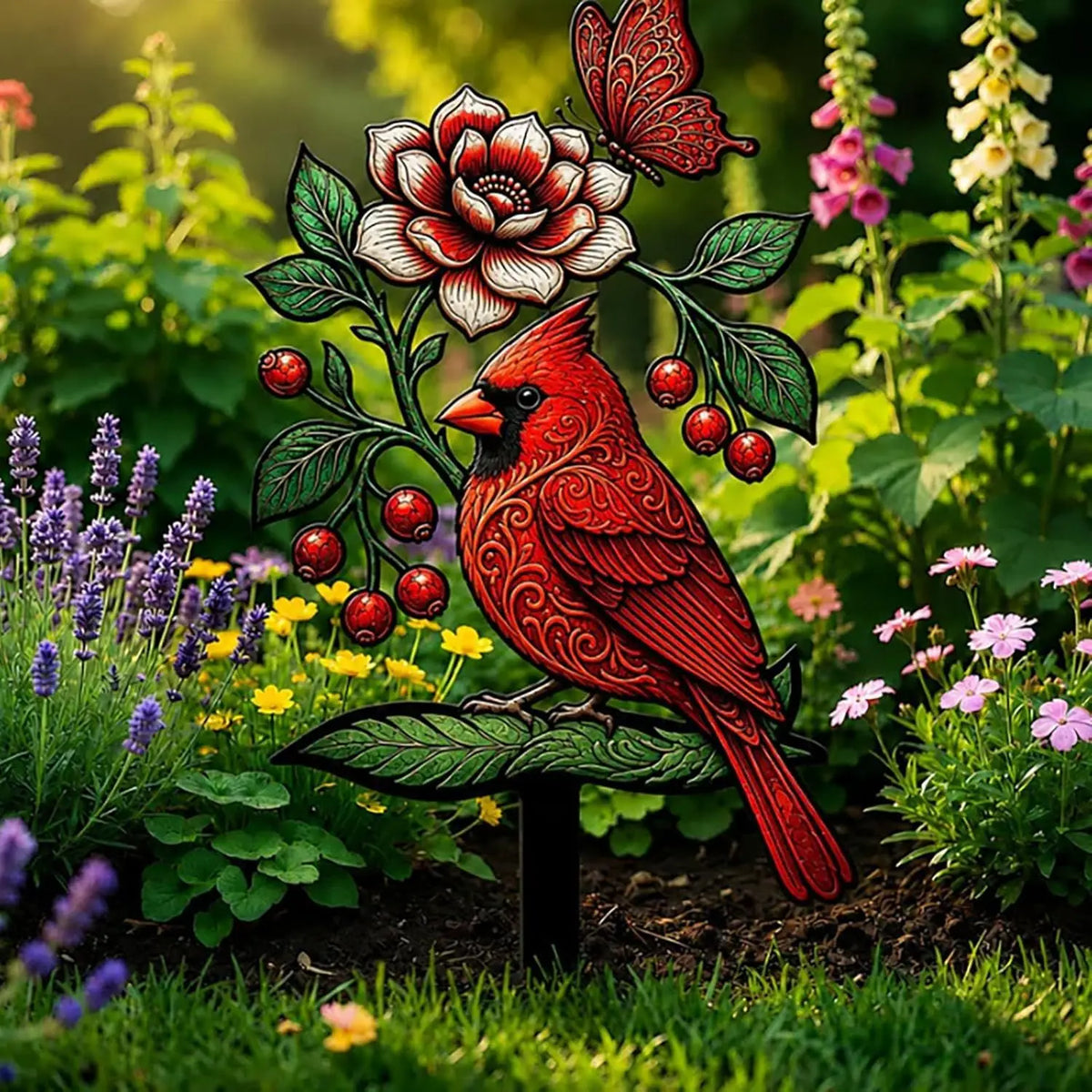 Floral Cardinal Bird Ornament – Red Bishop Bird Décor Decorative Ornament Babs