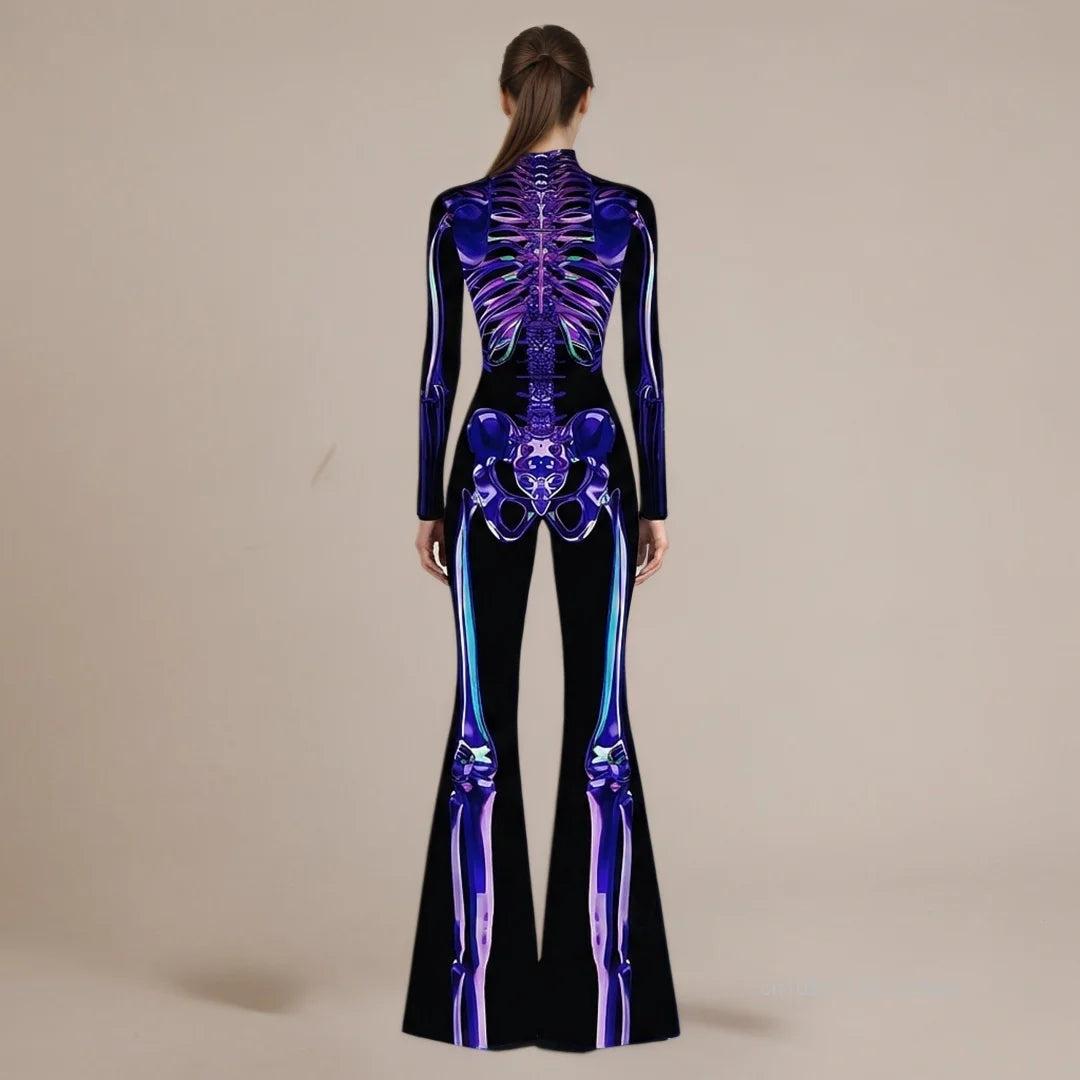 Women's Rainbow Skeleton Flared Catsuit Halloween Jumpsuit Halloween Costume Babs