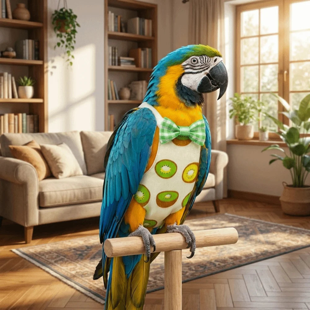 Parrot Diaper Flight Suit with Bowtie – Fruit Pattern, S/M/L Bird Flight Suit Babs