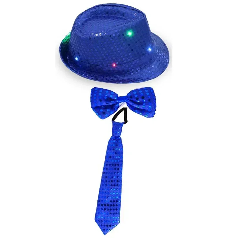 LED Light Up Sequin Jazz Hat & Tie Set | Party Costume
