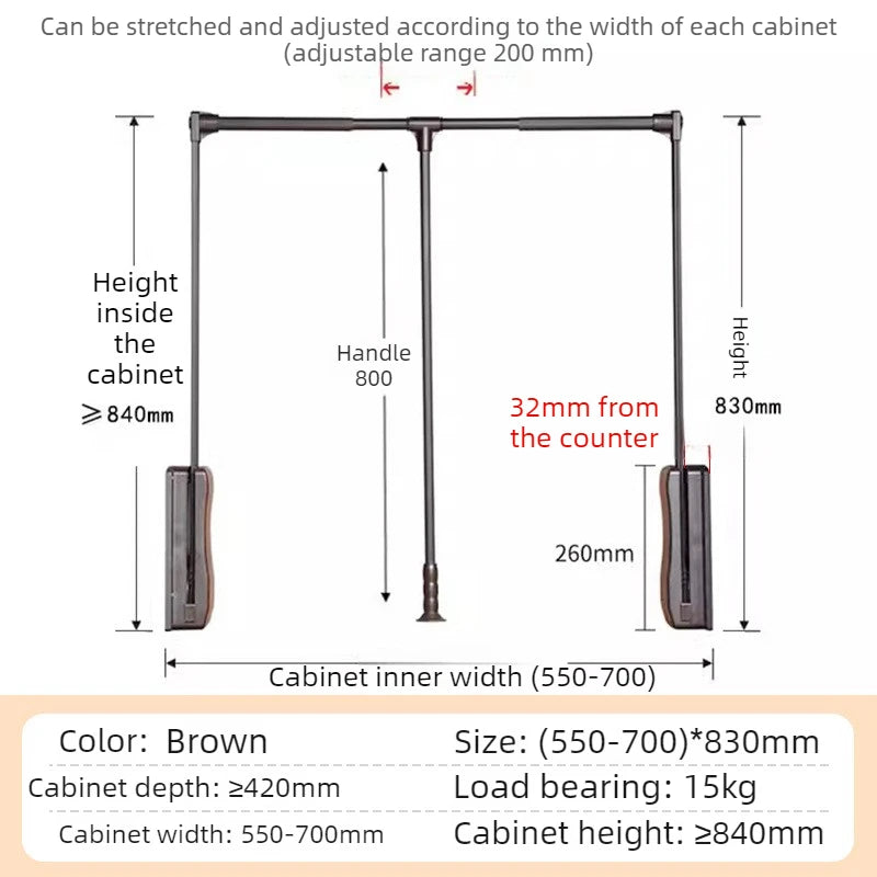 Pull-Down Lift Hanger Rod – Aluminum Wardrobe Organizer Wardrobe Hanger Rod Babs Brown-Damping-550MM