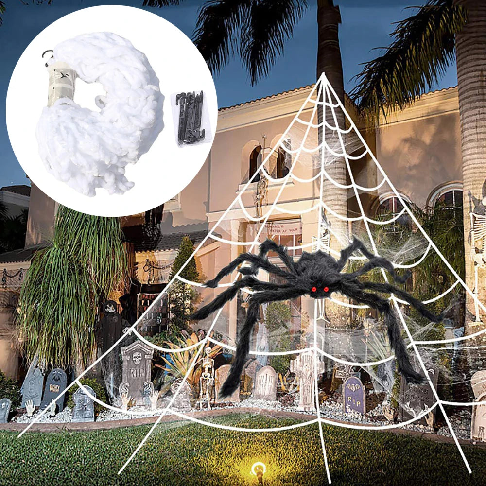 5M Large Halloween Triangle Spider Web Plush Yard Decoration Halloween Spider Web Babs WHITE