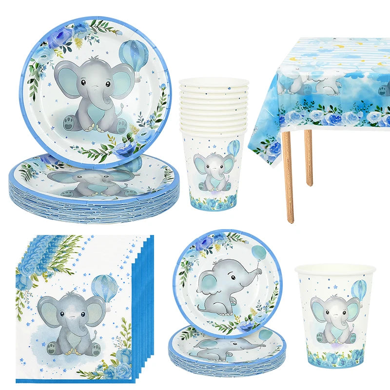 Blue Elephant Disposable Party Tableware – Baby Boy 1st Birthday Party Tableware Set Babs