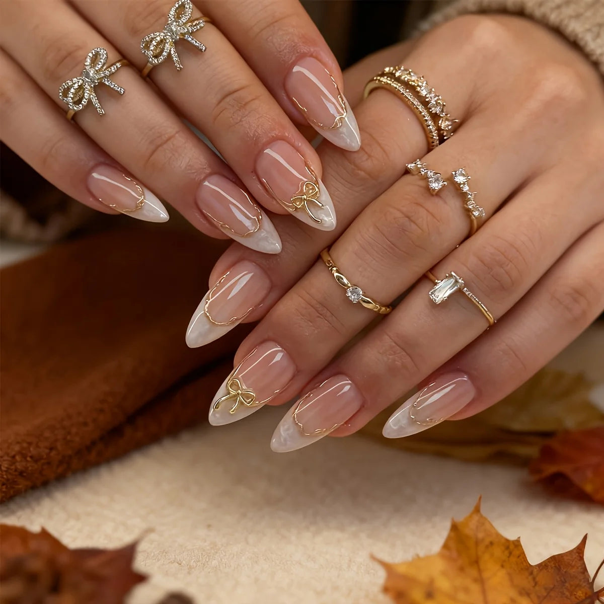 24pc White Almond Press-On Nails | Gold 3D Bow Gradient Press-On Nail Set Babs