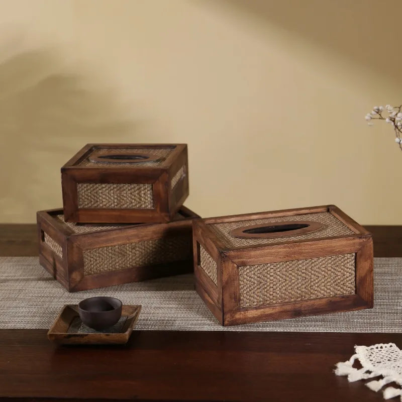 Woven Wood & Rattan Tissue Box – Vintage Napkin Holder Tissue Box Holder Babs