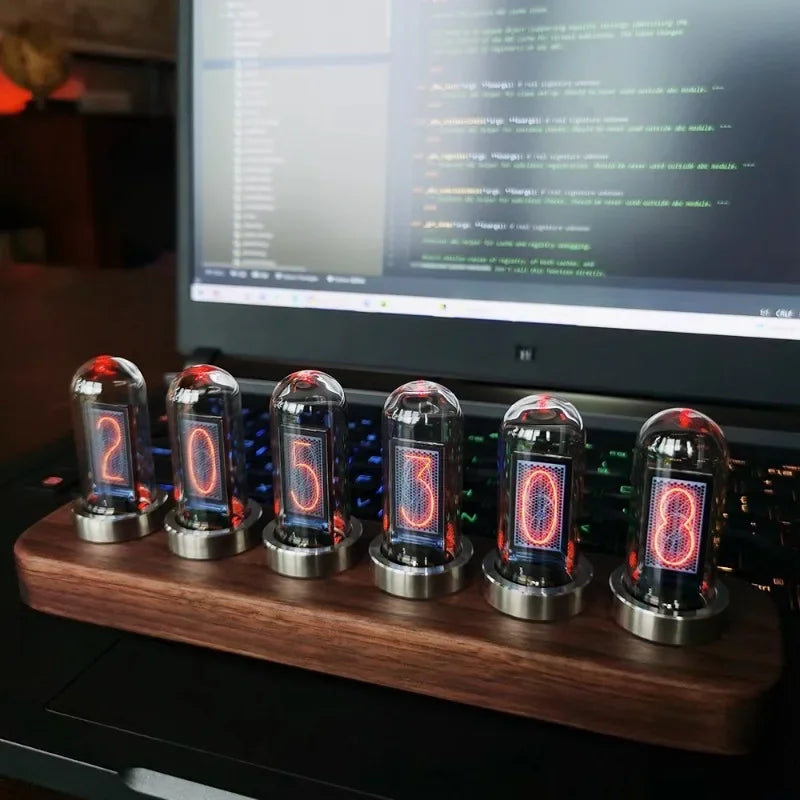 Nixie Glow Tube Desk Clock – Wood Base, RGB & Vintage Digital Nixie Tube Desk Clock Babs