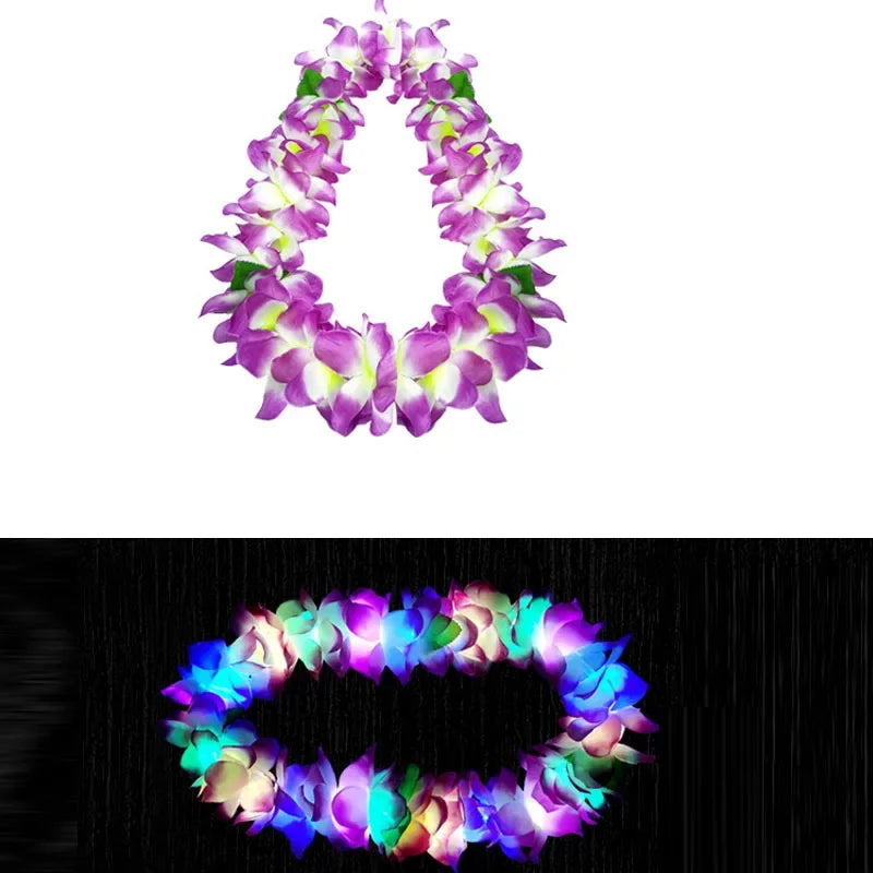 15-Pack LED Hawaiian Lei Flower Headbands & Necklaces for Parties LED Party Lei Set Babs color 12a