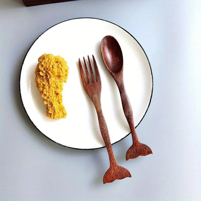 Nanmu Wood Fishtail Spoon & Fork Set – Marine Style Tableware Wooden Cutlery Set Babs 2pcs