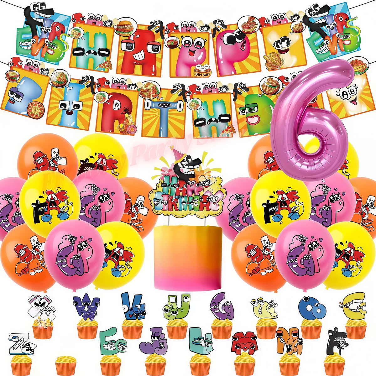 Alphabet Lore Birthday Party Supplies – Balloons & Backdrop Set Party Decoration Set Babs 1set-Number 6 12inch