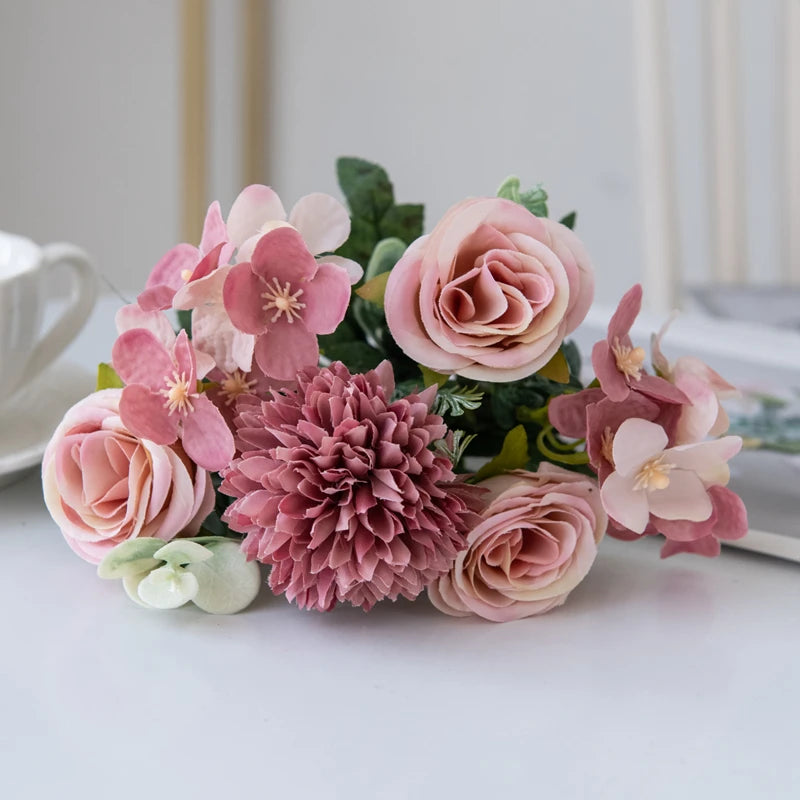 Artificial Silk Rose & Chrysanthemum Bouquet – 6 Heads Décor Artificial Flower Bouquet Babs Deep Pink 1pc