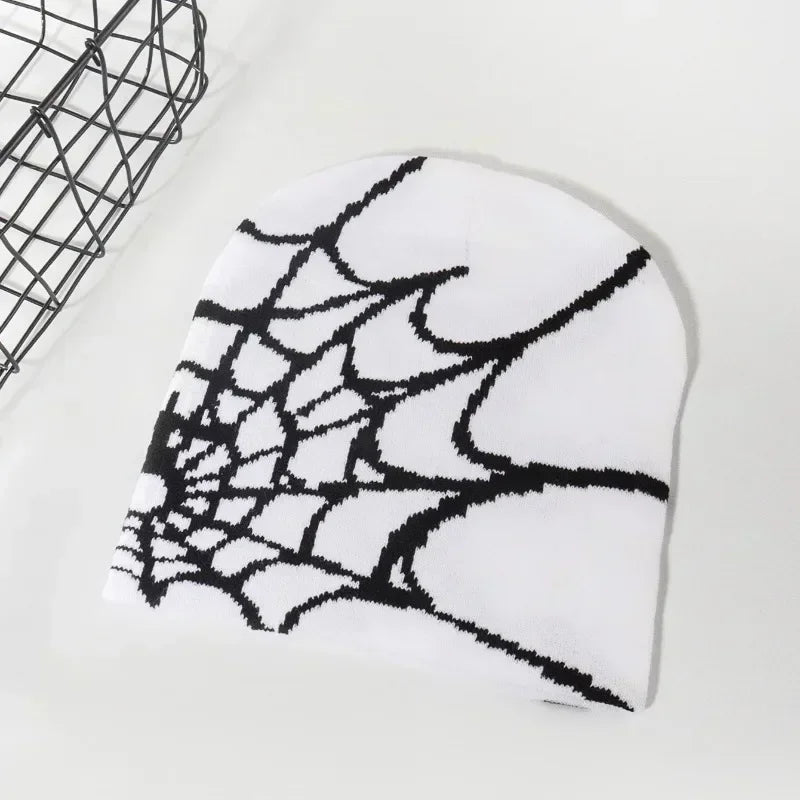 Spider Web Knit Beanie Hat – Y2K Goth Skullies Cap Men Women Knit Beanie Hat Babs WHITE One Size