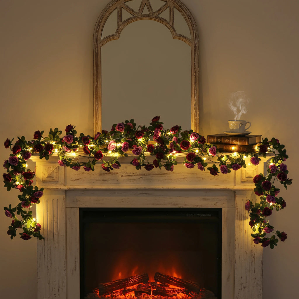 Artificial Rose Vine LED String Lights Hanging Garland Decor Floral LED Garland Babs