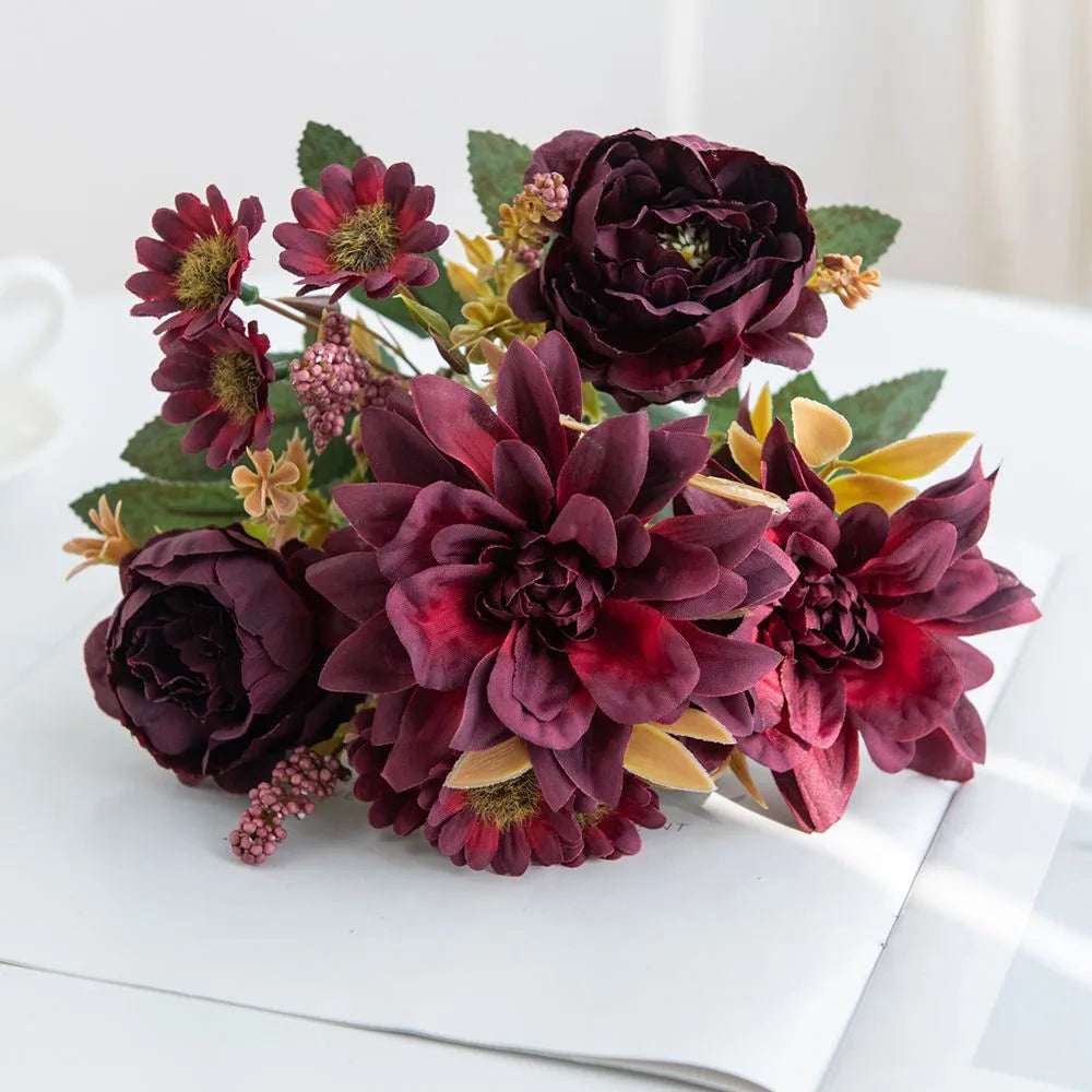 Silk Artificial Dahlia Rose Daisy Bouquet – Wedding & Home Decor Artificial Silk Flowers Babs 4 1pc
