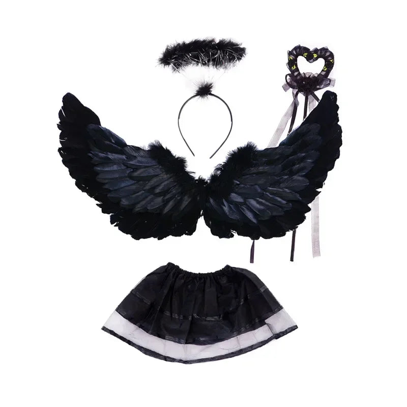 Girls Fairy Costume Set – Feather Wings, Tutu Skirt, Halo & Wand Girls Fairy Costume Babs black