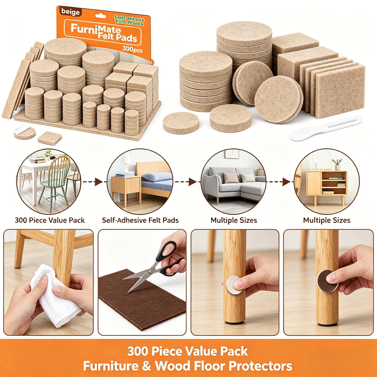 300 Pcs Self-Adhesive Felt Furniture Pads – Floor Protection Furniture Floor Pads Babs