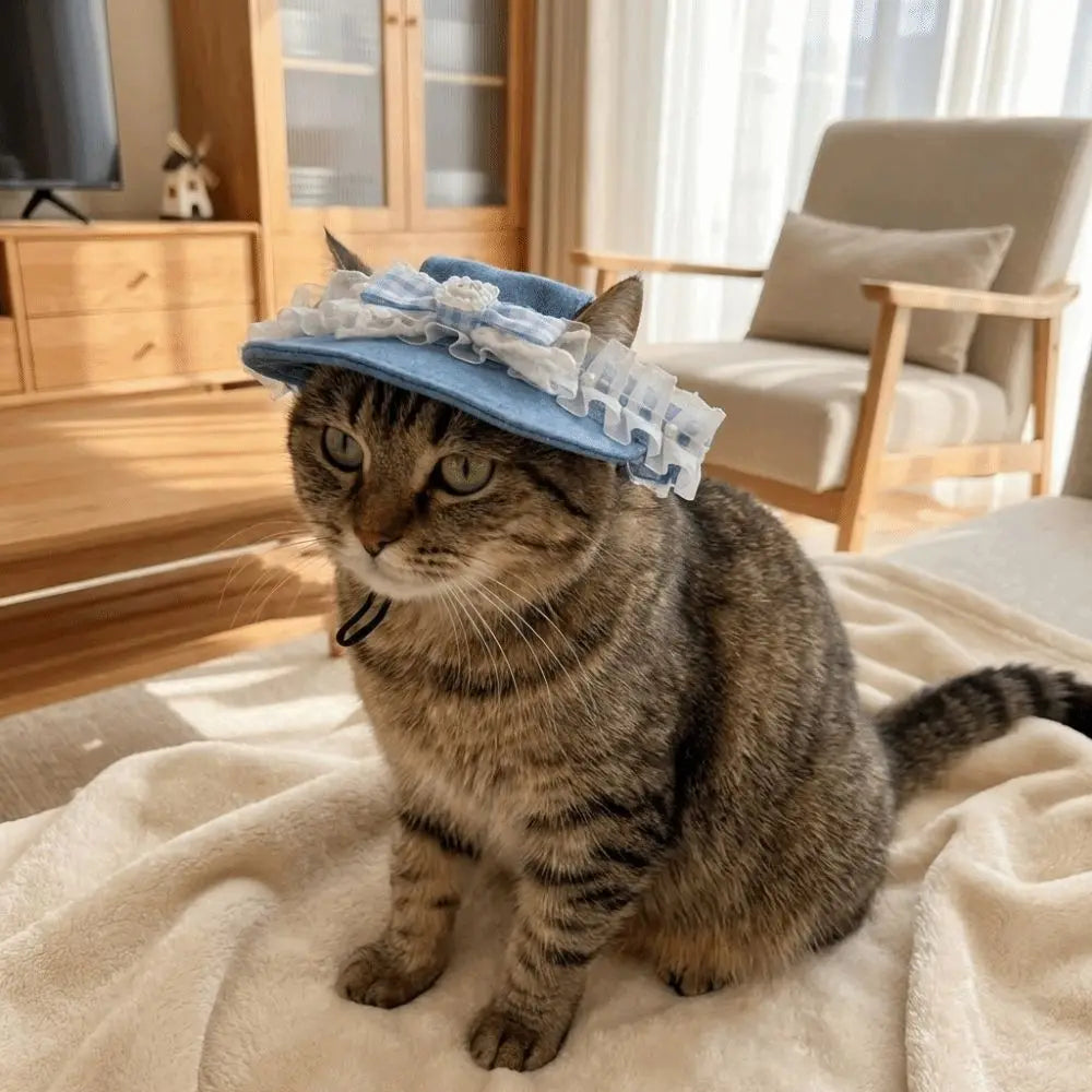 Denim Dog Sun Hat with Ear Holes & Lace Bow | UV Protection Cap Pet Sun Hat Babs